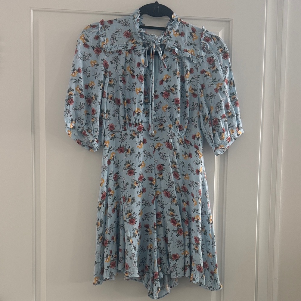 Olivaceous Light Blue Floral Tie-Neck Mini Dress